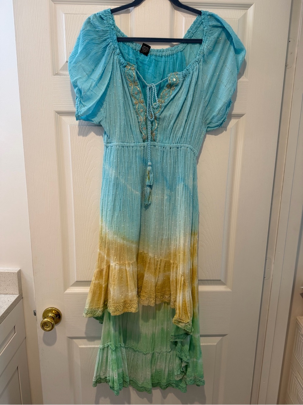 Girls' Aqua Ombre Tie-Front Tiered Dress with Yellow & Green Hem